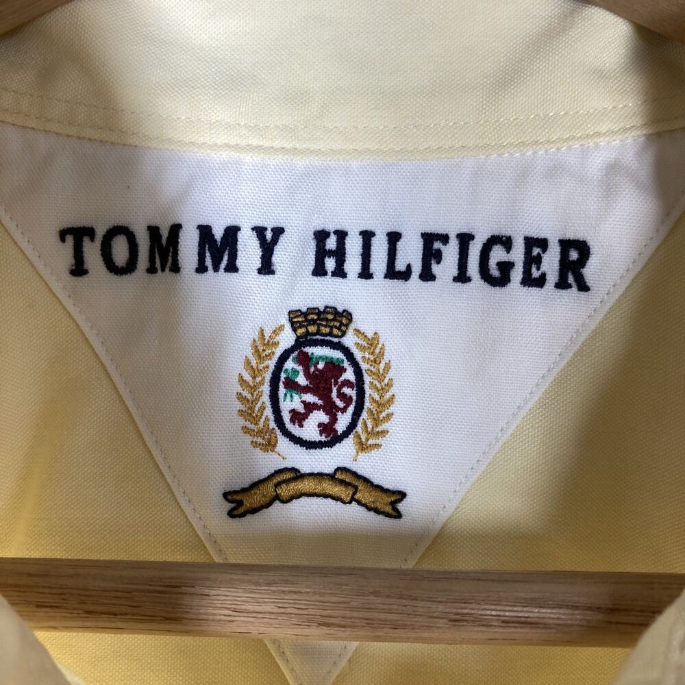 Vintage Tommy Hilfiger Shirt Mens Large Yellow Crest Logo Button Up 90s Classic - Picture 9 of 10